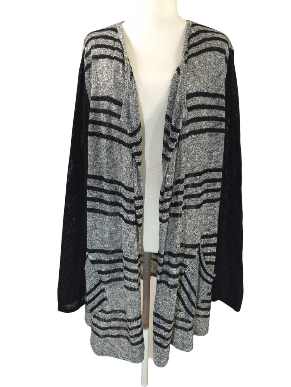 Chico's Easywear Open Front Cardigan Gray Black Striped Lightweight - 3 XL/16